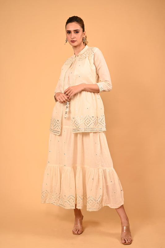 Mirror Embroidered Gown with Jacket – Pearl White