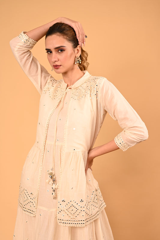 Mirror Embroidered Gown with Jacket – Pearl White