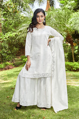 Floral Embroidered Kurta with Gharara Pants & Dupatta – White