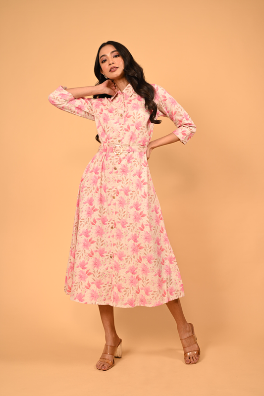 Floral Digital Print Midi-Dress with Belt - Pink