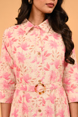 Floral Digital Print Midi-Dress with Belt - Pink