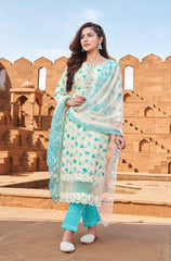Floral Print Embroidered Kurta with  Straight Pants & Dupatta – Sky Blue