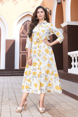 Floral Printed Midi Dress with Waist Belt - Yellow