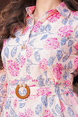 Floral Digital Print Midi-Dress with Belt – Pink & Blue