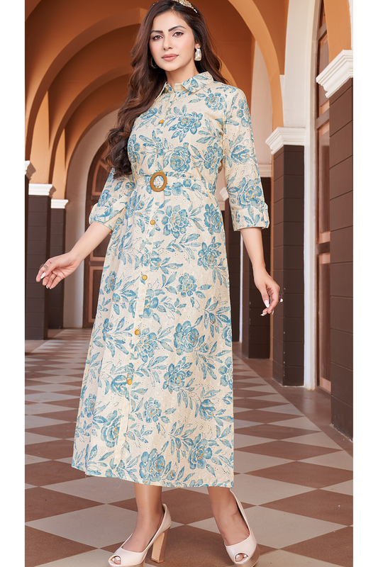 Floral Printed Midi Dress with Waist Belt - Rocky Blue