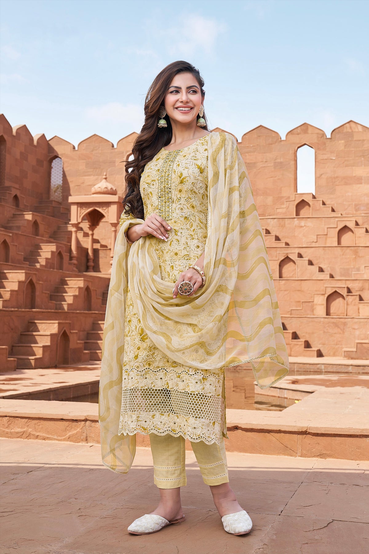 Floral Print Embroidered Kurta with Straight Pants & Dupatta – Mustard