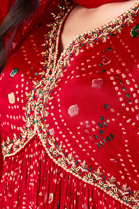 Bandhej Print Alia Cut Gown with Dupatta - Red