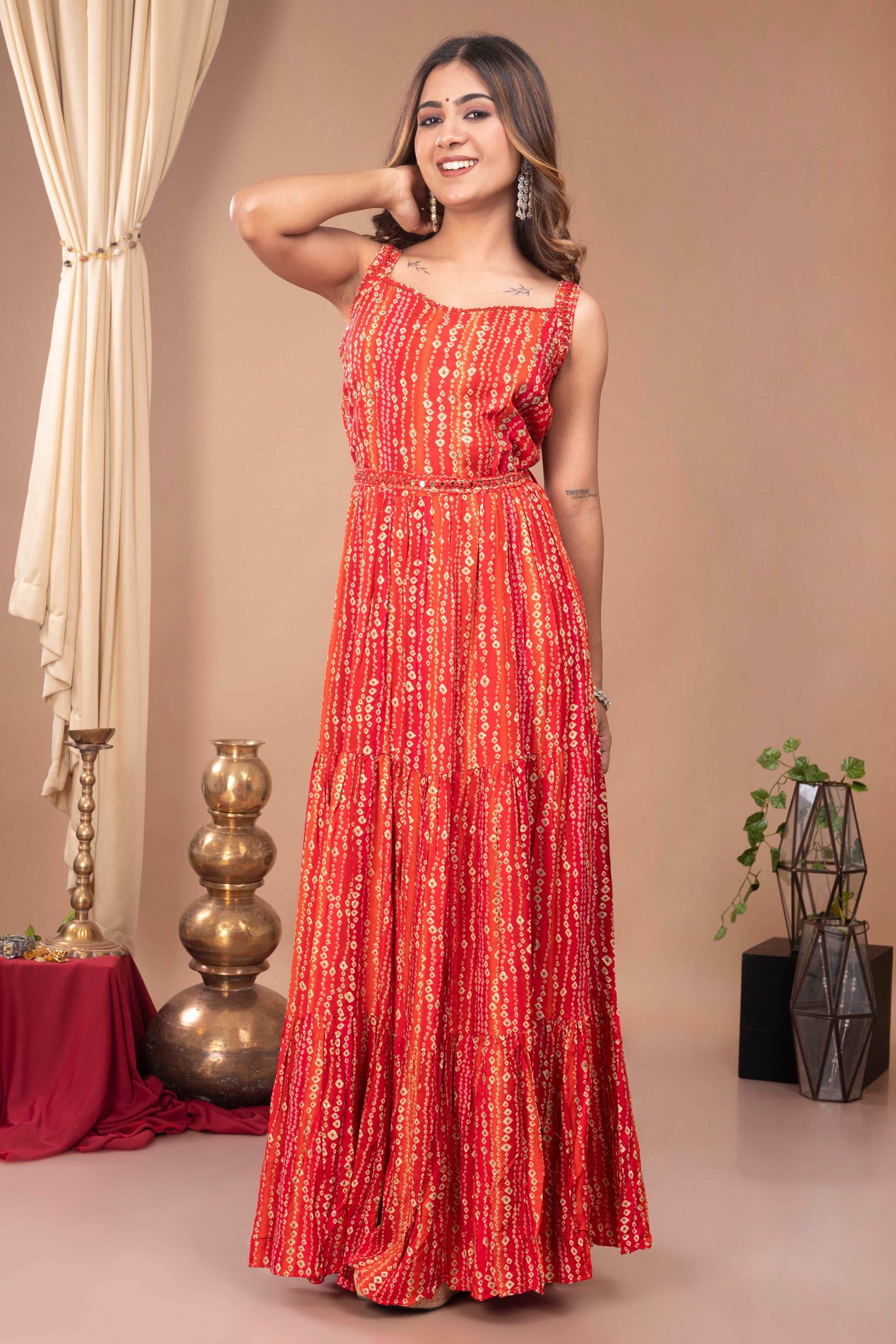 Bandhej Print Tiered Gown – Red