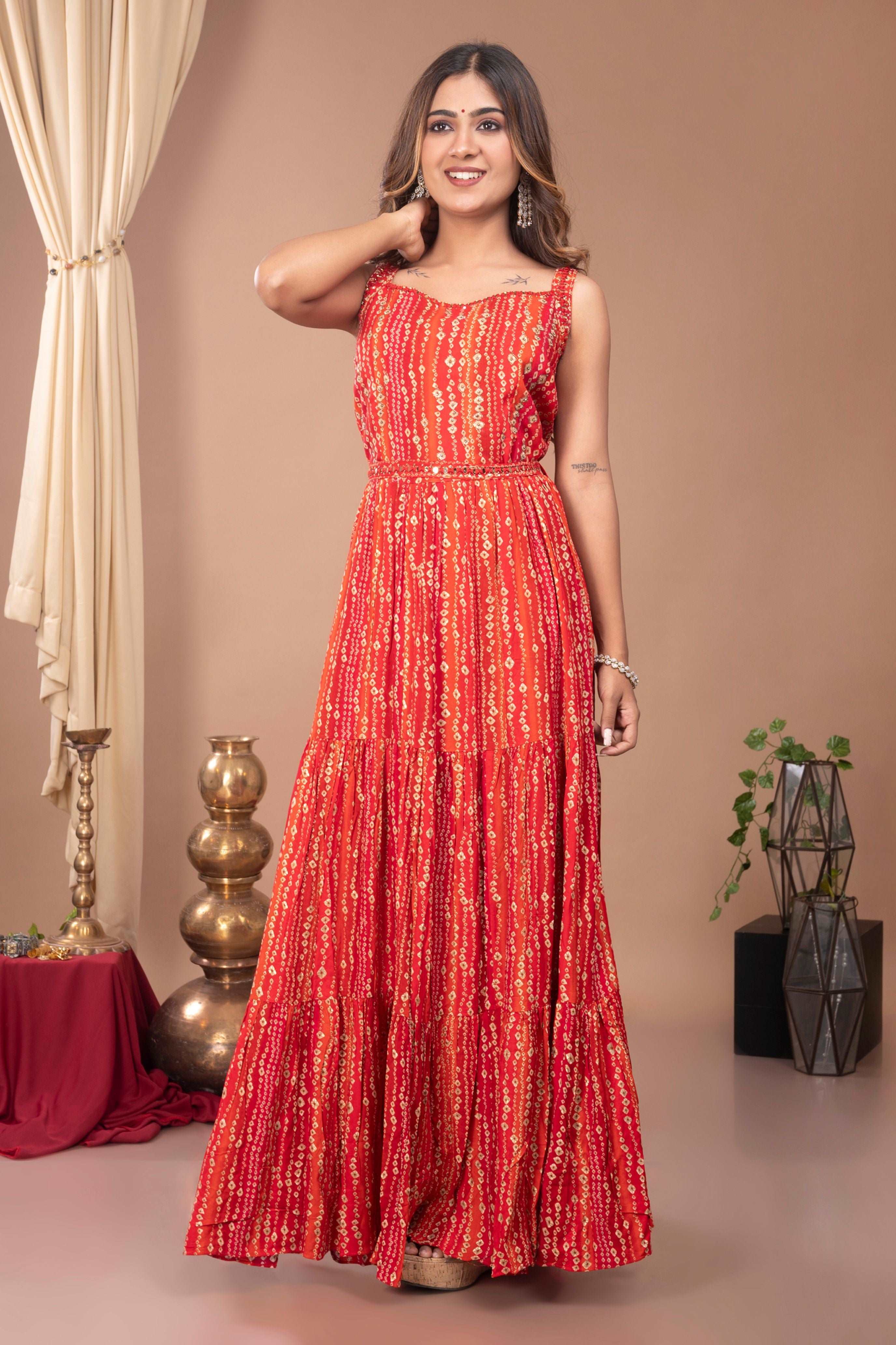 Bandhej Print Tiered Gown – Red