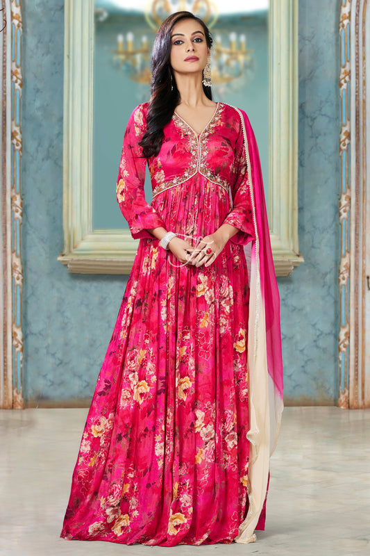 Embroidered Alia-Cut Gown with Dupatta - Ruby Pink