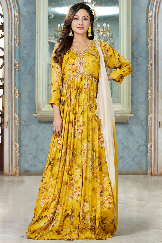 Embroidered Alia-Cut Gown with Dupatta - Burnt Yellow