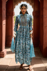 Floral Digital Print Single Tiered Gown with Dupatta - Marble Blue