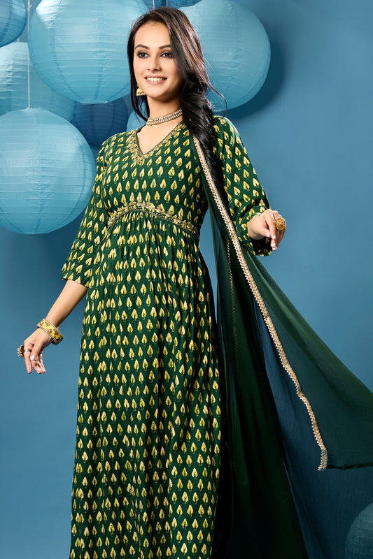 Ethnic Print Alia Cut Nyra Suit- Green