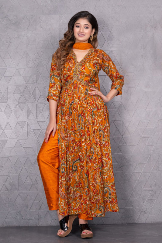 Floral Digital Print Kurta with Pants & Chiffon Dupatta – Burnt Orange