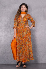 Floral Digital Print Kurta with Pants & Chiffon Dupatta – Burnt Orange