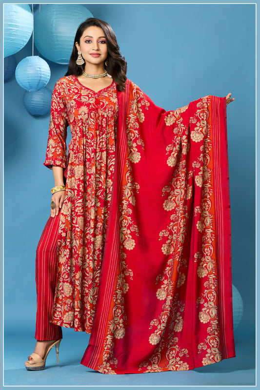Floral Print Alia Cut Nyra Suit- Red