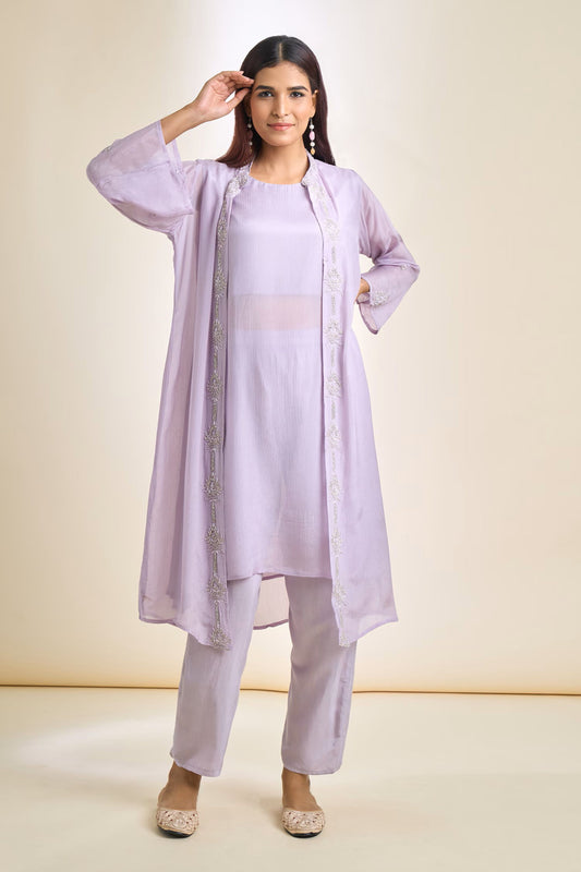 Embroidered Co-ord Set in 3 piece- Lavender