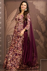 Floral Print Gown with Chiffon Dupatta - Dark Maroon