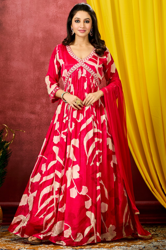 Floral Print Alia Cut Gown with Dupatta - Bright Pink