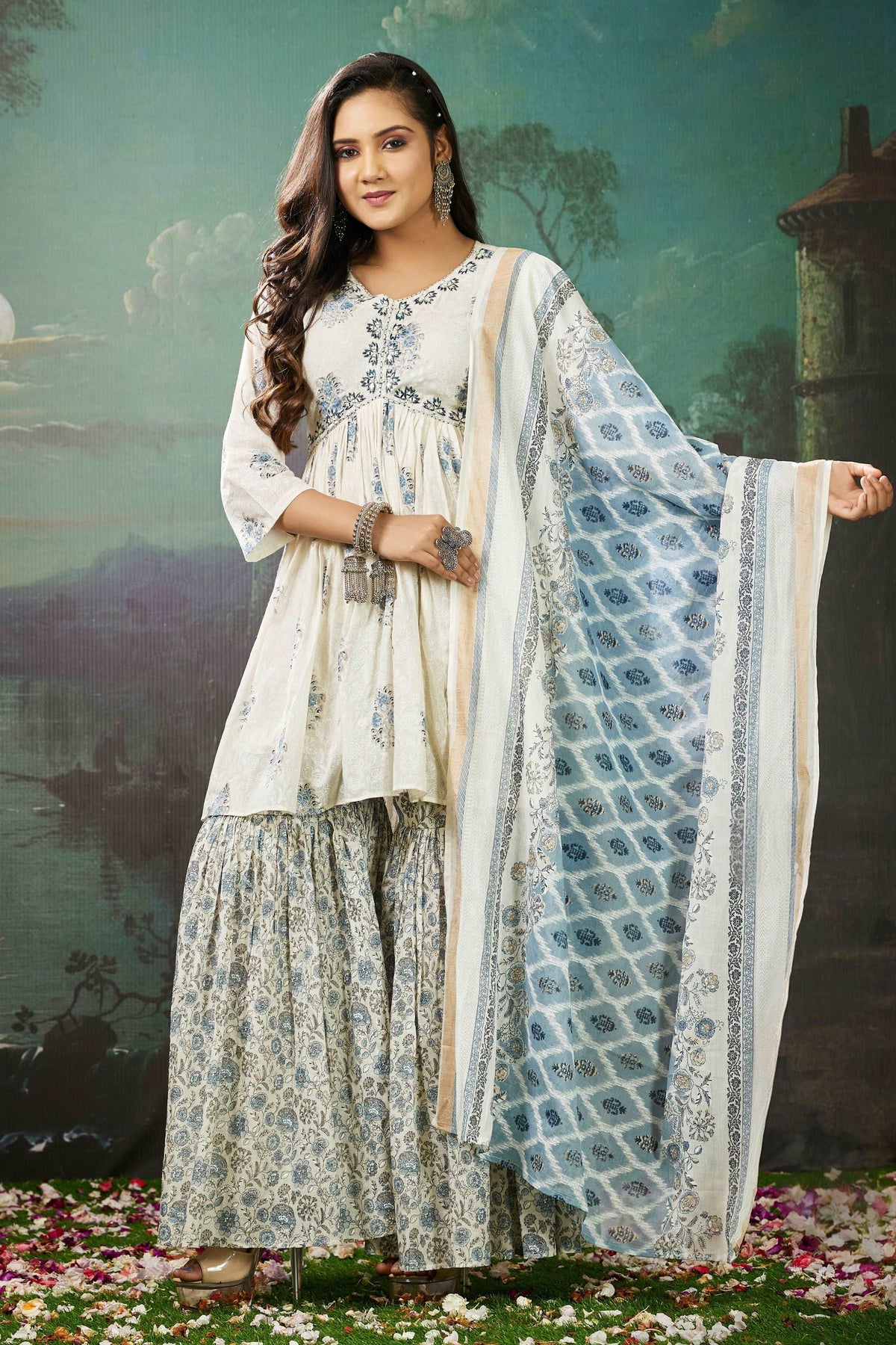 Alia Cut Kurta with Sharara Pant & Dupatta – Bluish Grey