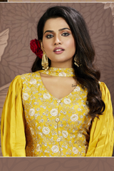 Floral Embroidered Peplum Top with Skirt & Dupatta - Yellow