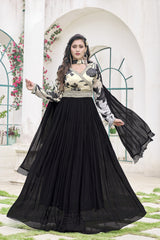 Floral Print Gown with Dupatta - Black & White