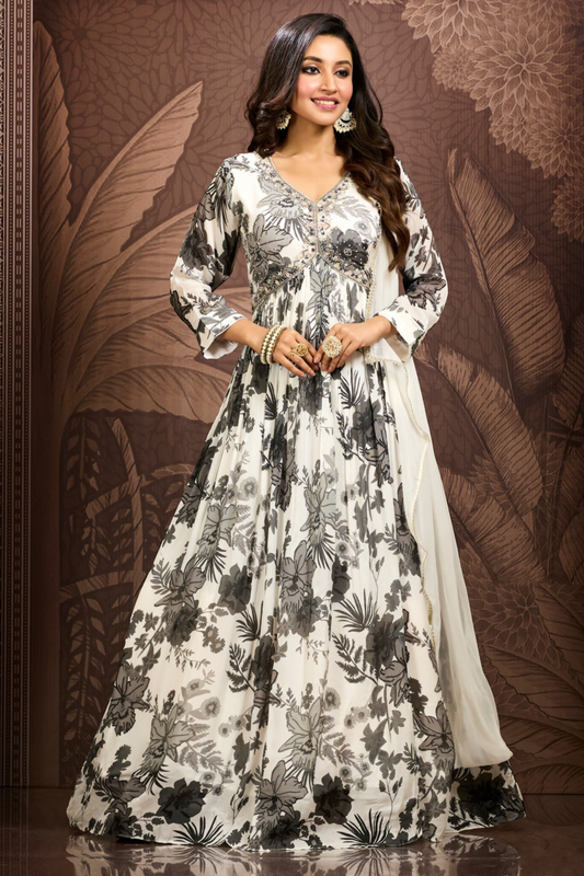 Floral Print Alia Cut Gown with Dupatta - Grey & White