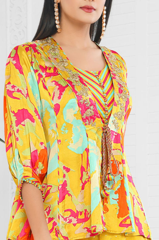 Abstract Printed Jacket Style Minimal Embroidered Indo-Western Set-Mustard