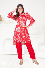 Floral Print Flared Top with Straight Fit Pants - Bright Red