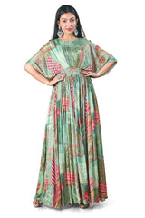 Digital-Print Chinon Gown with Embroidered Belt – Turquoise Green
