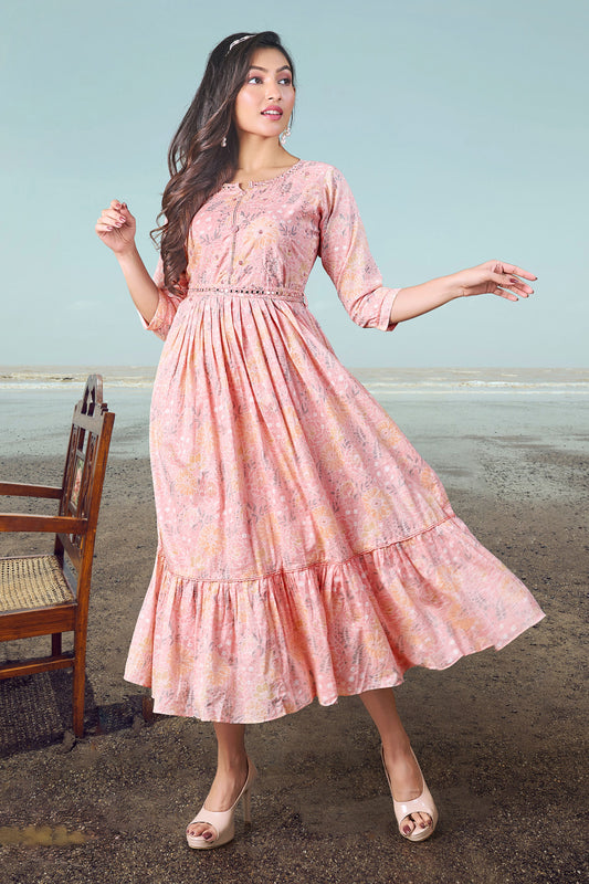 Floral Digital Print Kurti Gown- Oyster Pink