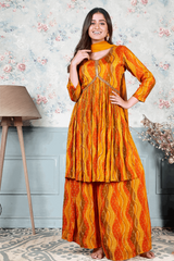 Alia Cut Gown with Sharara Pants & Dupatta – Pumpkin Orange