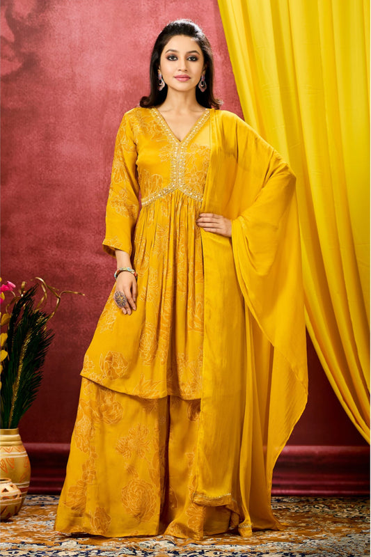 Floral Print Kurta with Sharara Pants & Dupatta - Bright Yellow