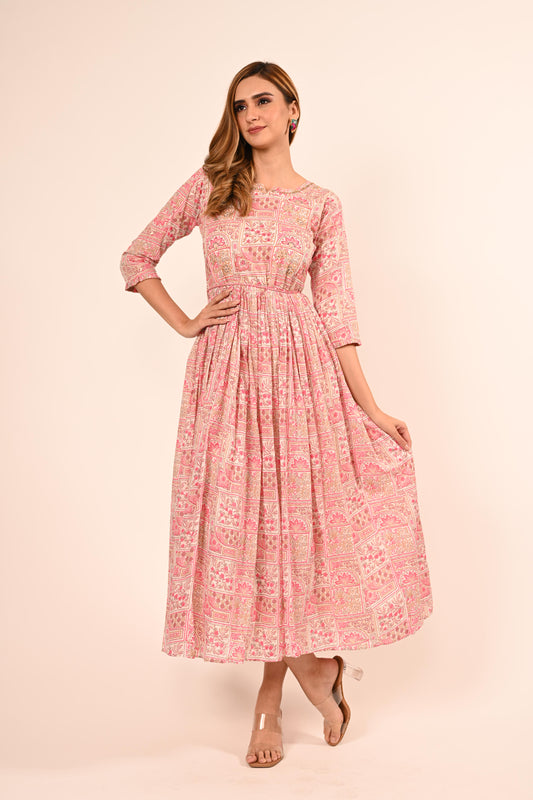 Pakistani Foil Print Gown with  Waist Belt – Rose Pink