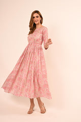 Pakistani Foil Print Gown with  Waist Belt – Rose Pink