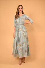 Floral Digital Print Gown with Belt – Powder Blue