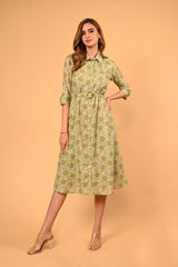 Cotton Cambric Midi-Dress with Belt - Pista Green