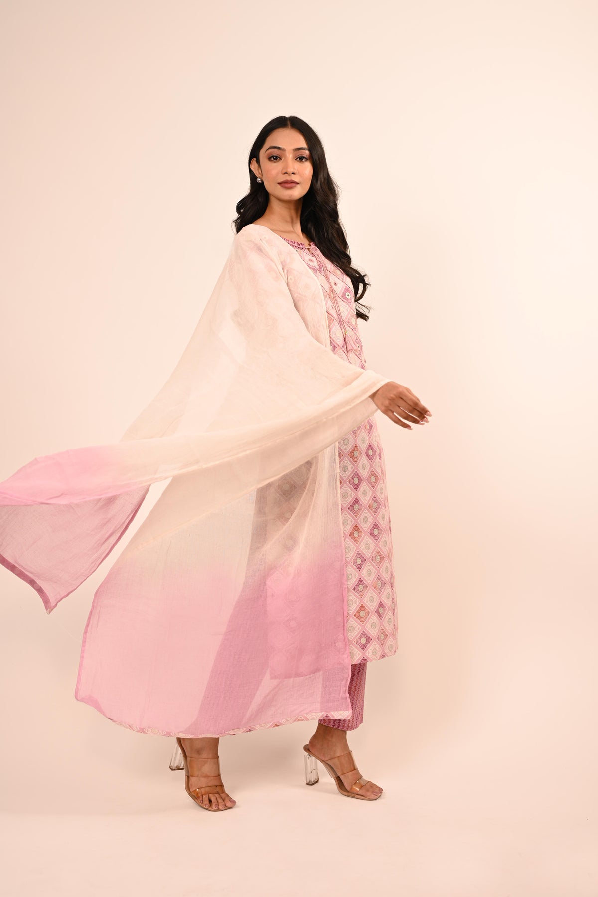 Geometric Digital Print Kurta with Pants & Dupatta - Rose Pink