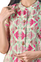 Floral Print Schiffli Kurta with Georgette Embroidered Sleeves - Multi-Colour