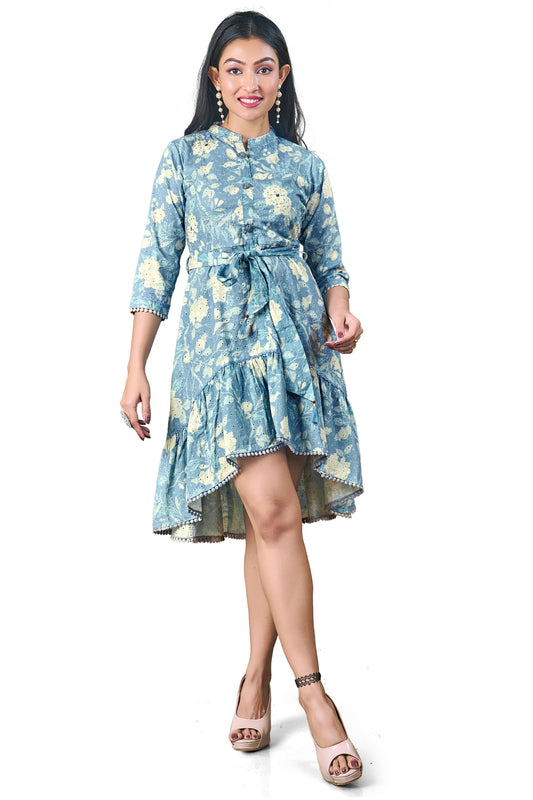 Floral Print High & Low Dress - Sky Blue