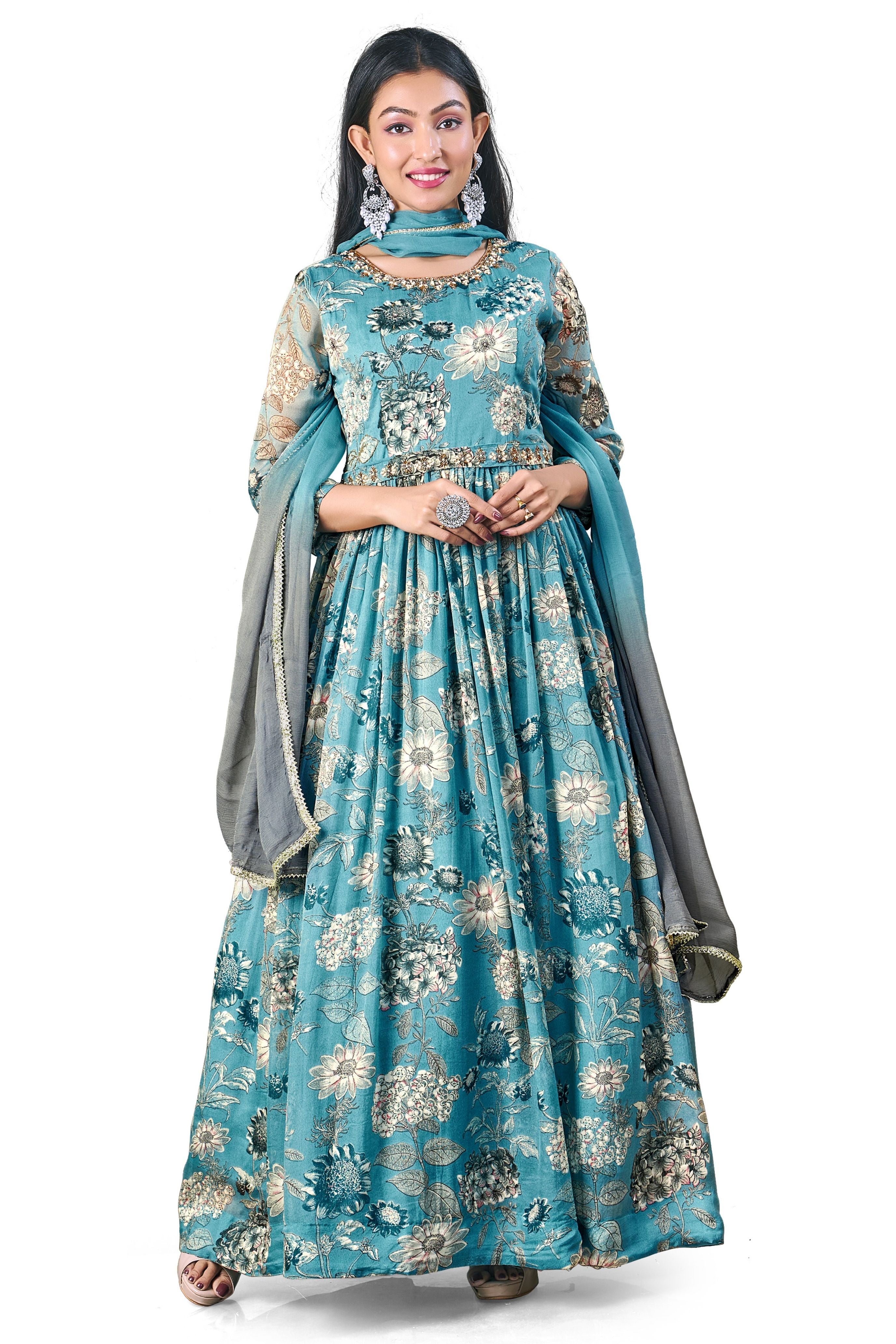 Flared Organza Gown with Dupatta - Marble Blue – ADIWAA