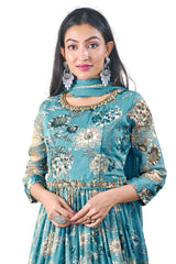 Flared Organza Gown with Dupatta - Marble Blue