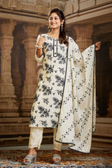 Floral Embroidered Kurta with Pant & Dupatta – Ivory White