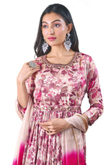 Floral Print Gown with Chiffon Dupatta - Dusky Pink
