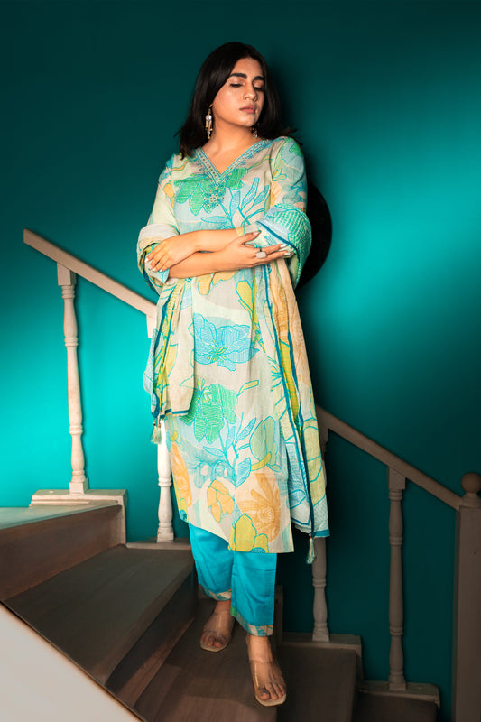 Embroidered Kurti with Pant & Dupatta - Sky Blue