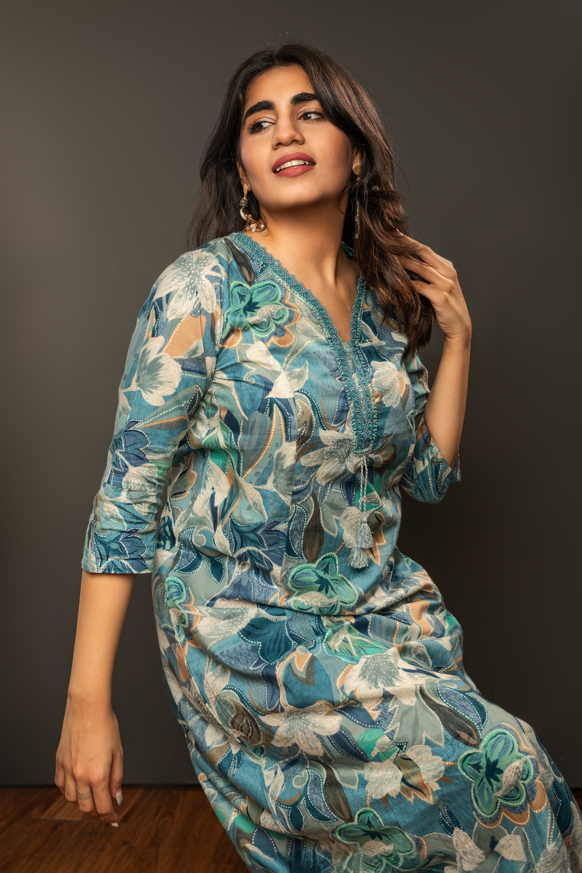 Floral Printed Embroidred Straight Cut Kurti-Blue