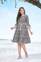 Polka Dot Tiered Dress with Tie-Up Belt & Frilled Sleeves – Grey