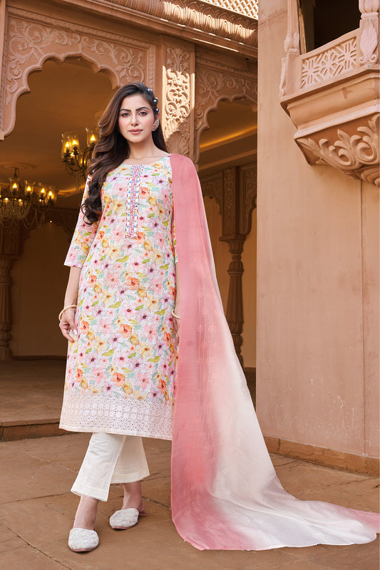 Floral Print Embroidered Kurta With Straight Pants & Dupatta – Multi-Color