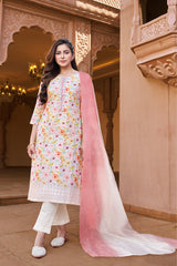 Floral Print Embroidered Kurta With Straight Pants & Dupatta – Multi-Color